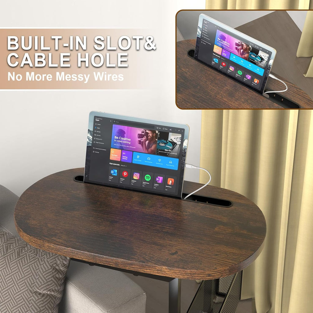 Couch Side Table with Large Tabletop, Tv Tray Table Adjustable Height with Storage Baskets, Strong and Stable Metal Frame, for Sofa, Bedside, TV Watching, Meals, Snacks, and Laptop Use