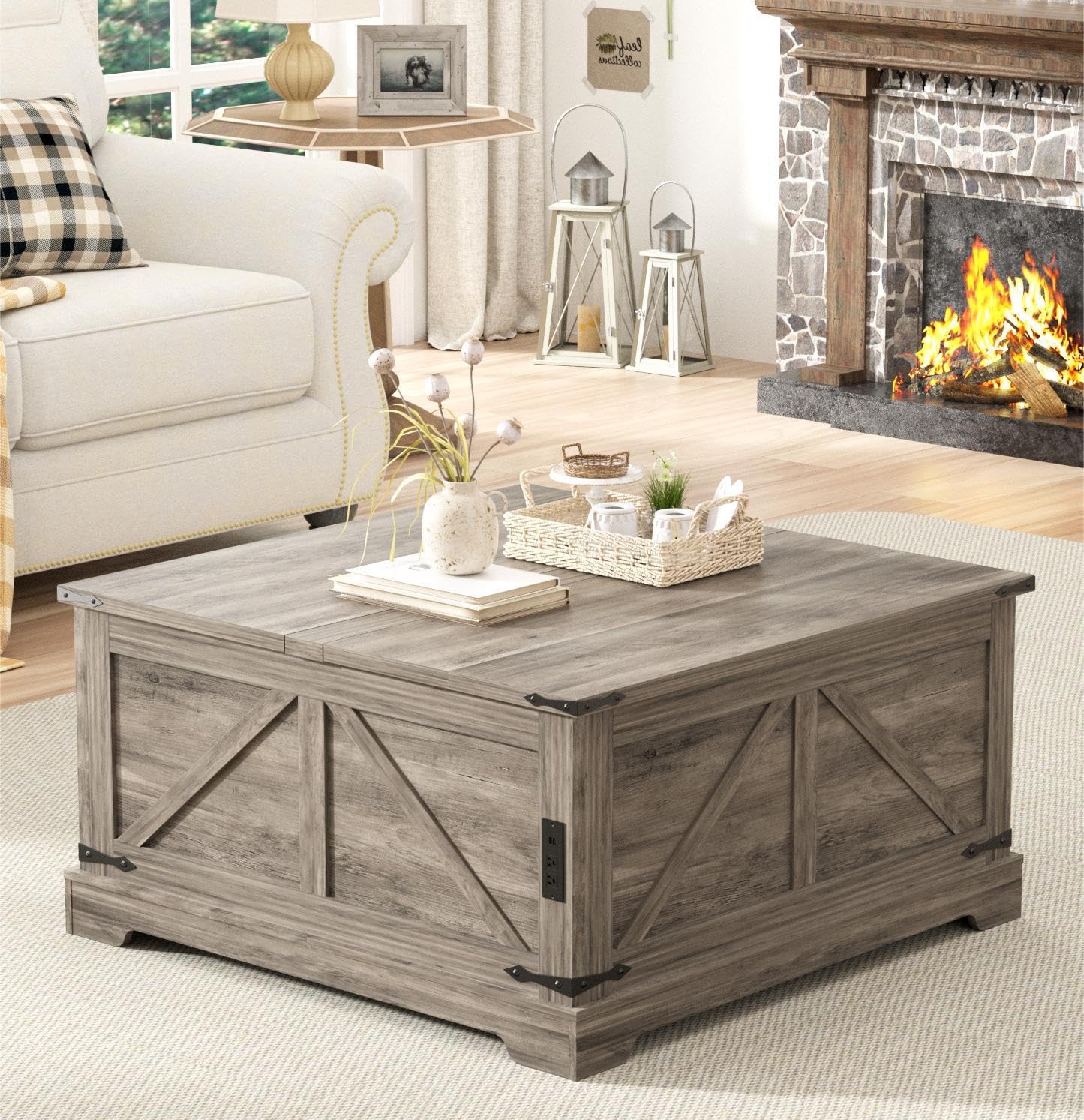 Coffee Table with Storage, 31.5" W Farmhouse Lift Top Wood Square Center Table with Charging Station, Rustic Cocktail Tables with Flip Top Lids for Living Room, Home Office, Rustic White