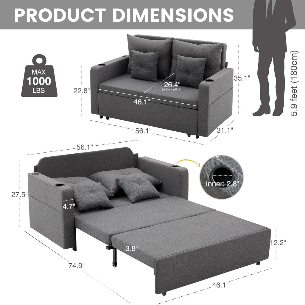 3 in 1 Sofa Bed, 56 Inch Convertible Pull Out Couch, Loveseat Sleeper Sofa with Cup Holders, USB, Sofa Couches for Living Room, Bedroom, Apartment, Dark Grey