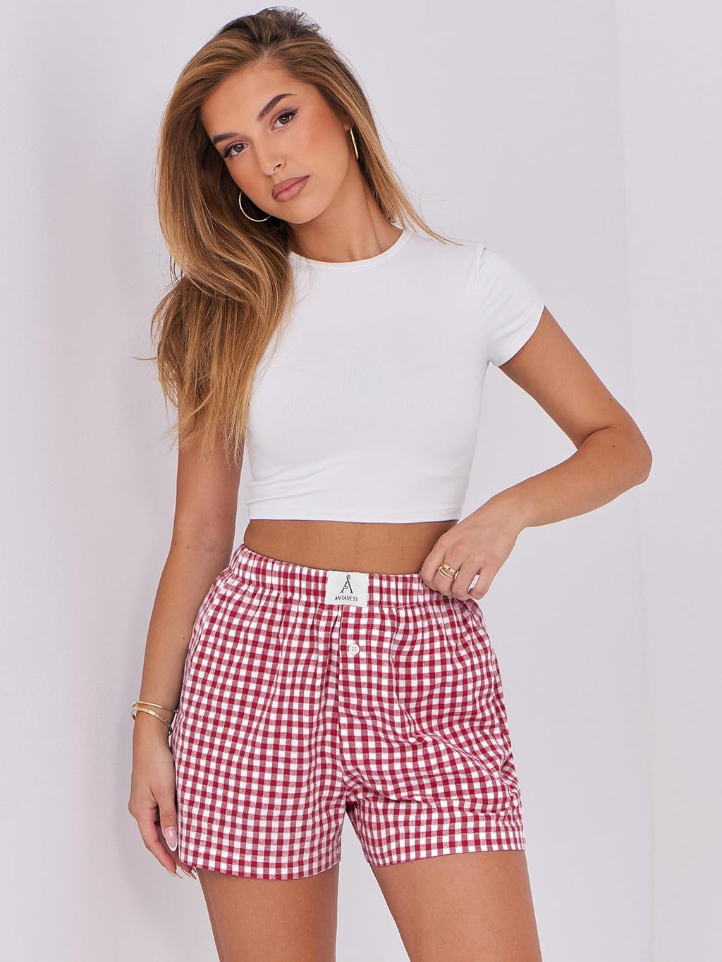 ANRABESS Boxer Shorts for Women Gingham Pajama 2025 Summer Casual Lounge Sleep Plaid Shorts Y2K Beach Bottoms
