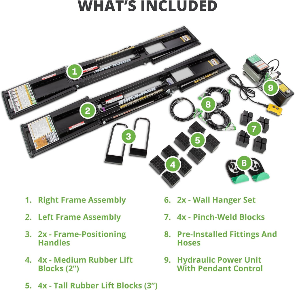 QuickJack Bundle - 6000TL Portable Car Lift, Wall Hangers & Pinch-Weld Blocks, ALI Certified, 6,000-lbs. Capacity, 110V Power Unit, Car Lift for Garage, Shop, & Mechanic