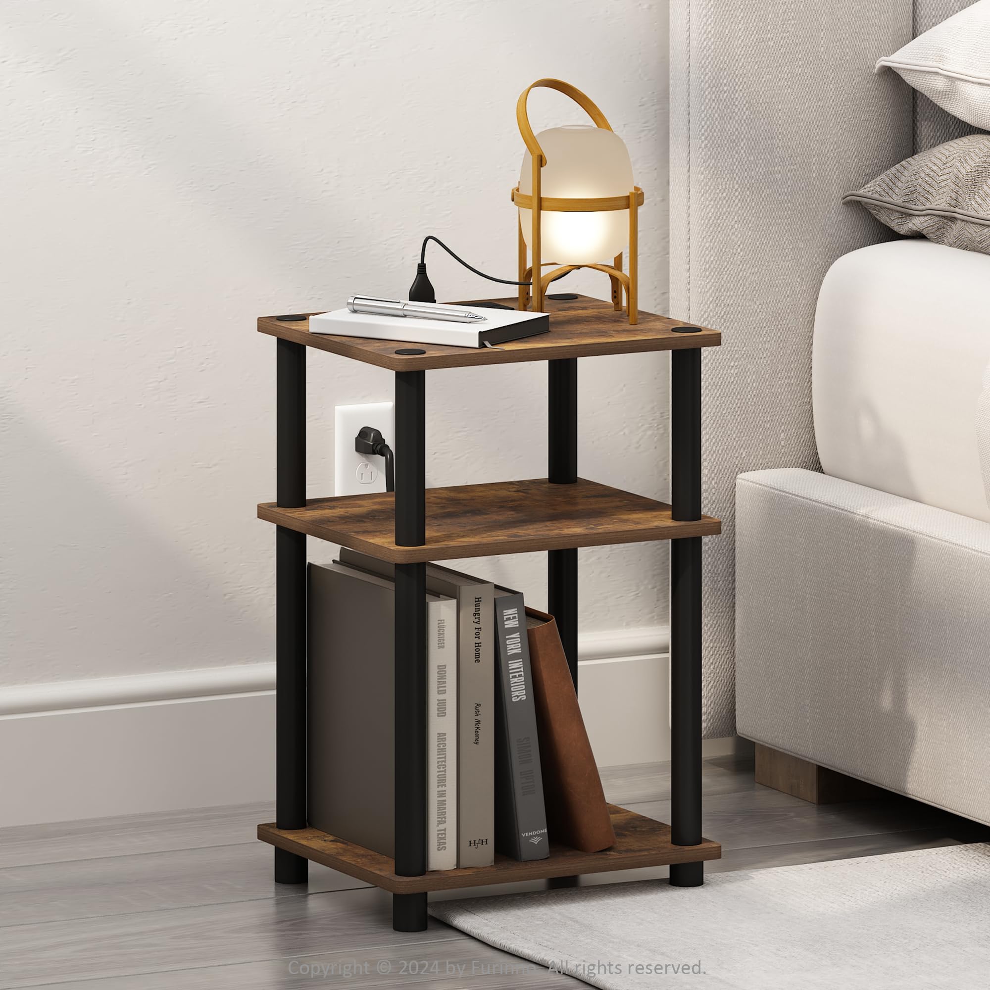 Furinno Just 3-Tier Turn-N-Tube Nightstand, 2-Pack, Columbia Walnut/Black