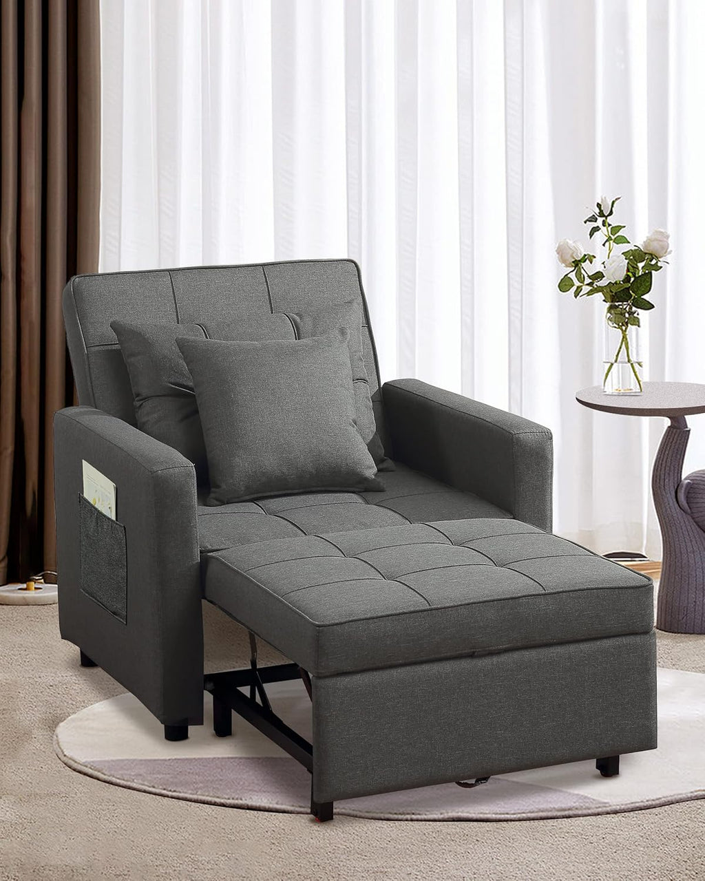 XSPRACER [Updated Convertible Chair Bed, Sleeper Sofa 3 in 1, Stepless Adjustable Backrest,Armchair, Sofa, Bed, Linen, Dark Gray, Single One