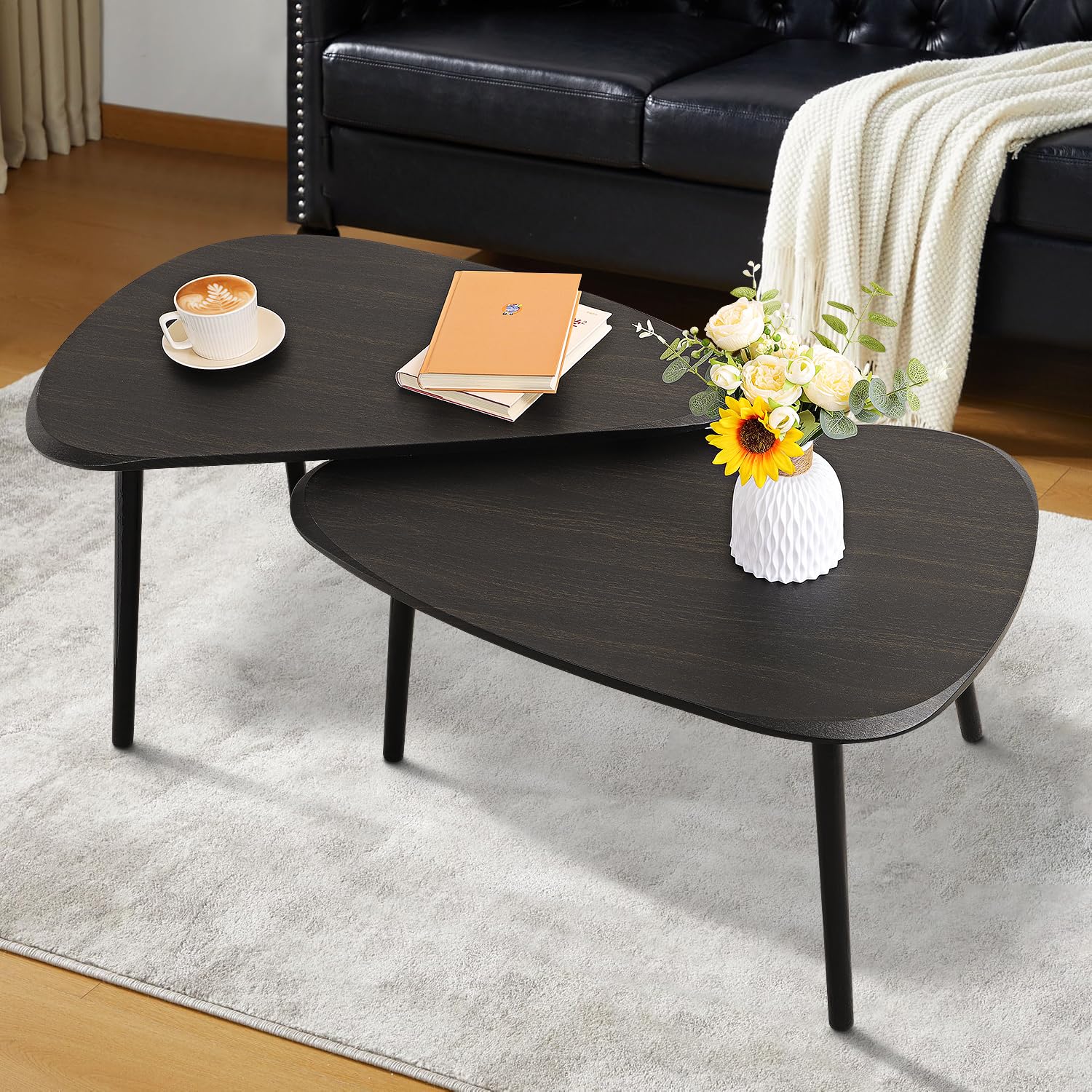 Black Nesting Coffee Tables Set of 2 End Bamboo Table for Living Room Bedroom Apartment Modern Industrial Simple Nightstand 32" D x 20" W x 18.5" H