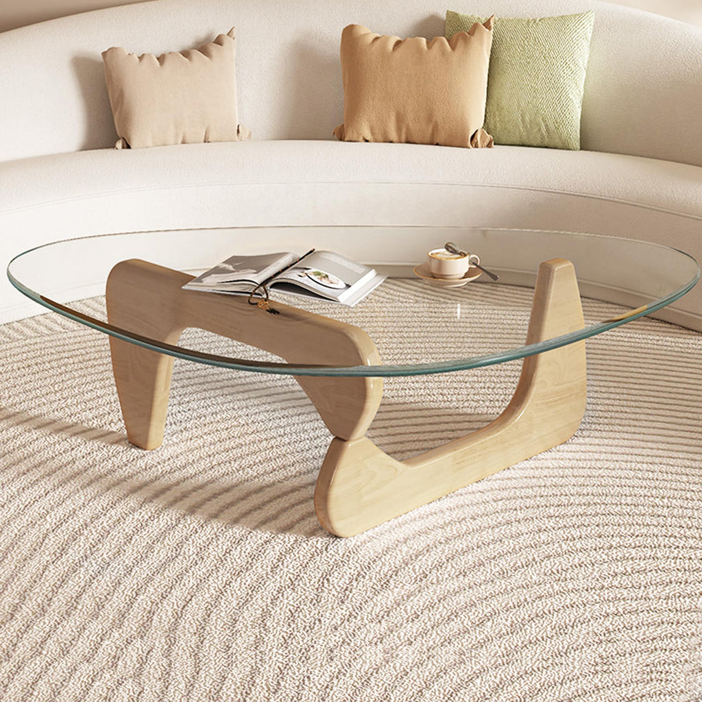 Small Coffee Table Modern Glass Coffee Table, Mid Century Coffee Tables for Living Room, Mesa de Centro para Sala, Rustic Oval Coffee Tables with Glass Top & Wood Base, (Walnut Brown, 31.5in)