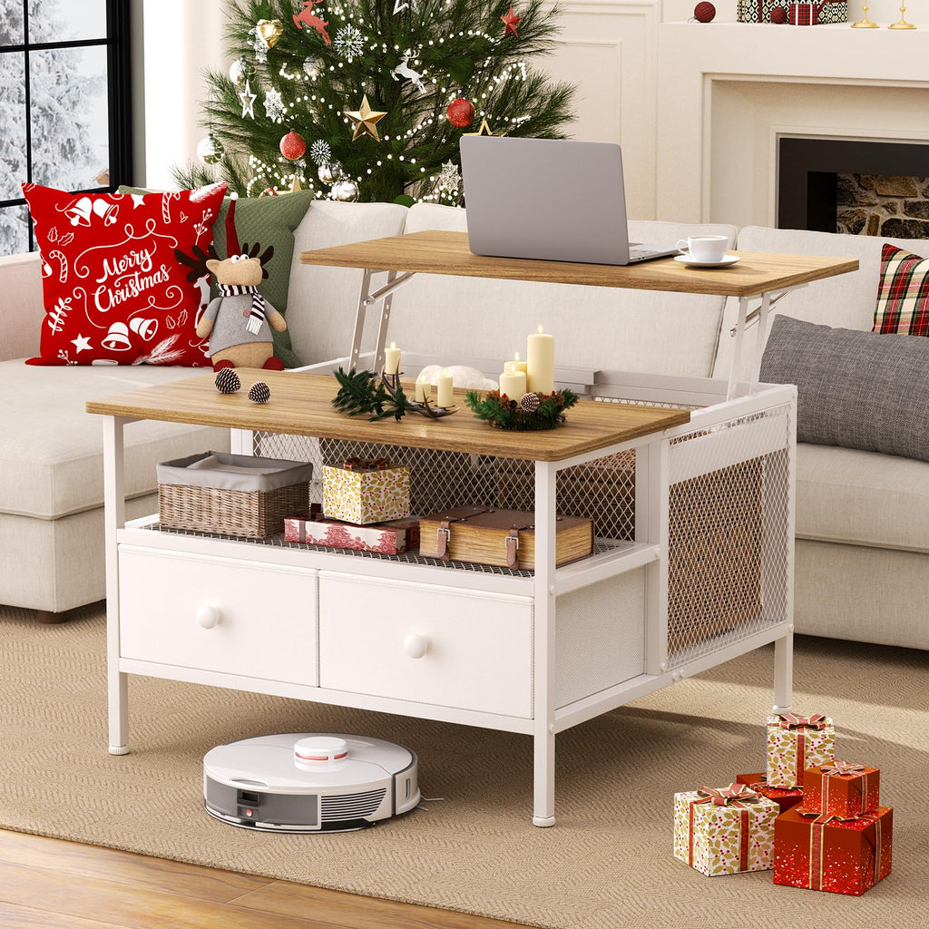 FABATO Flip Top Coffee Table, Square Coffee Tables Metal Wood, Farmhouse Lift Up Coffee Table Cocktail Table with Wire Mesh Barn Door and Storage, Steel Frame, Small Tea Table for Living Room, Black