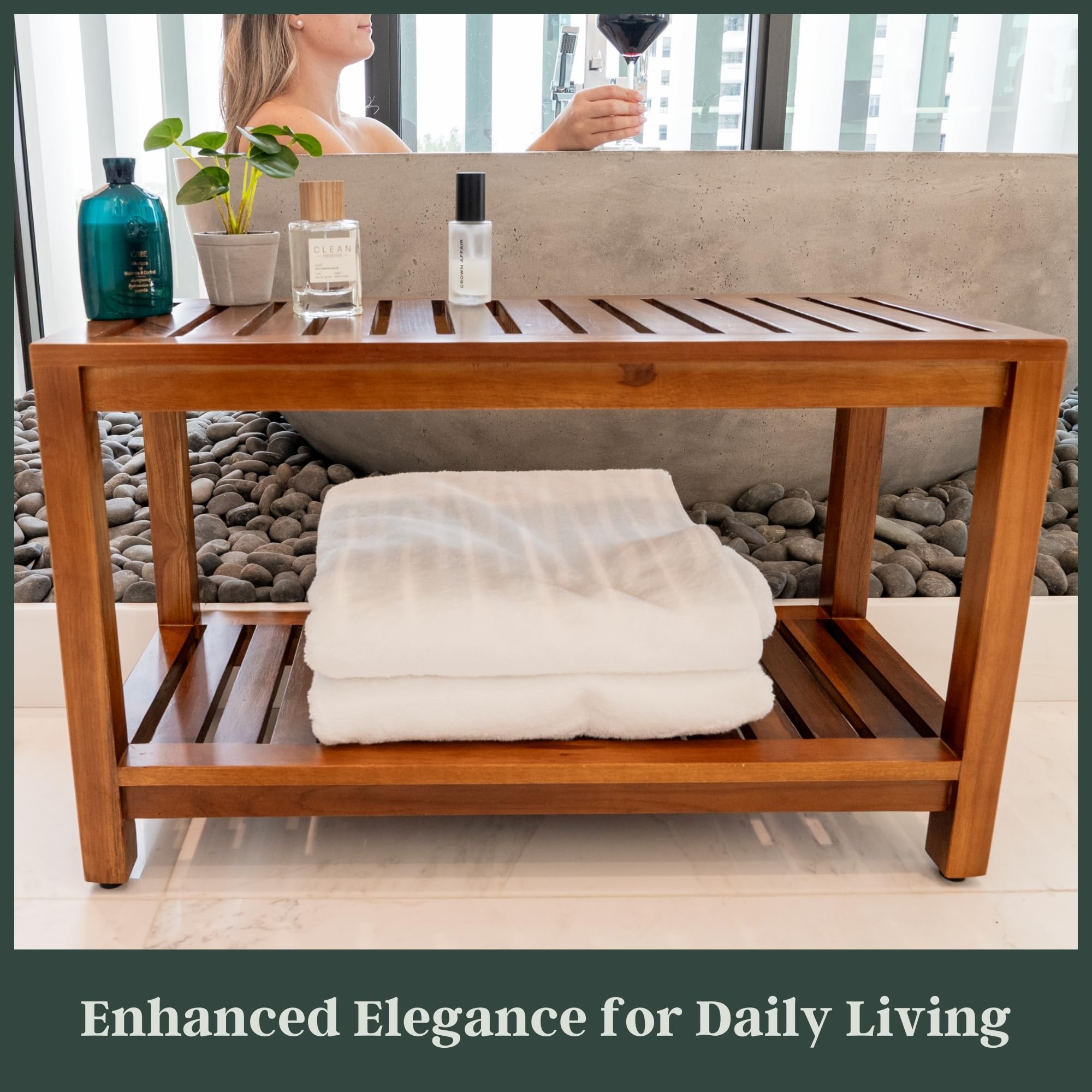 Teak Wood Shower Bench - 30 Inch Fully Assembled Bench with Shelf | Water Resistant, Non-Slip Adjustable Feet for Inside Shower