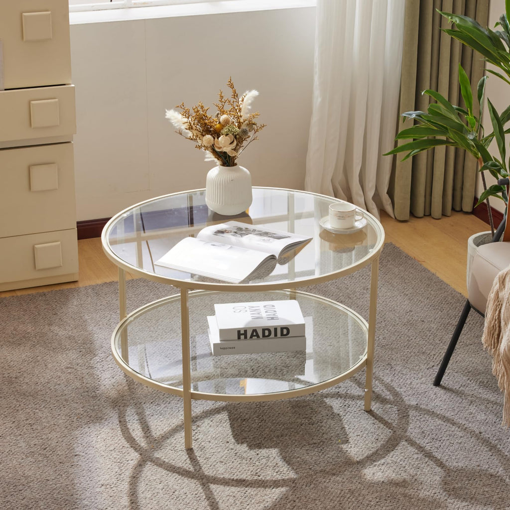 VINGLI 25.6" Round Gold Coffee Tables for Living Room, 2-Tier Glass Top Coffee Table with Storage Clear Coffee, Simple & Modern Center Table for Small Space