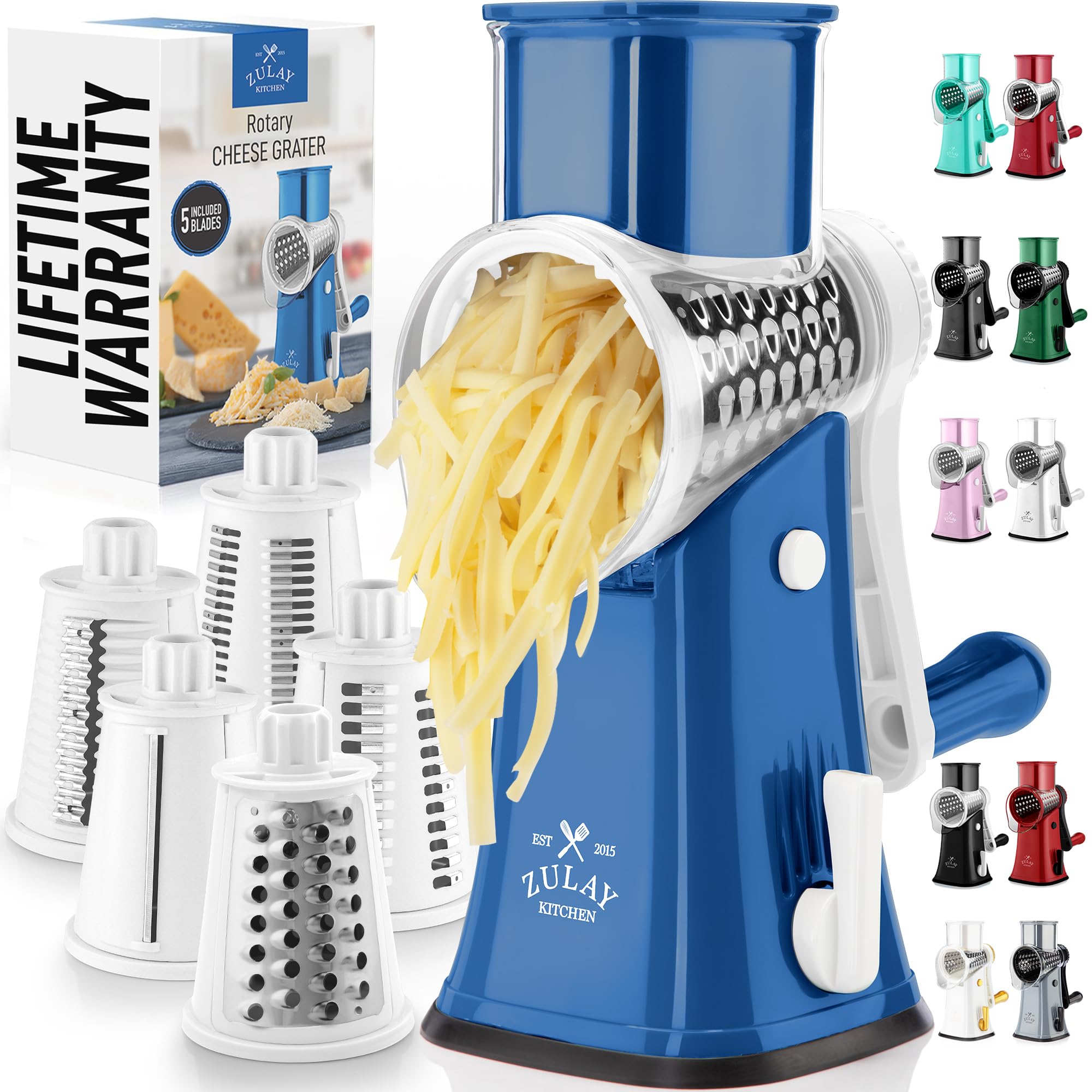 Zulay Rotary Cheese Grater 3 Blade Cheese Shredder - Manual Hand Crank Cheese Grater With Reinforced Suction & 3 Interchangeable Drums - Easy to Use Vegetable Chopper - Black
