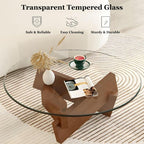 Coffee Table, Round Coffee Table for Living Room Modern Glass Coffee Table with Solid Wood Legs Farmhouse Mid Century Center Table Large Circle Cocktail Table (Walnut + Transparent, 35.4in)