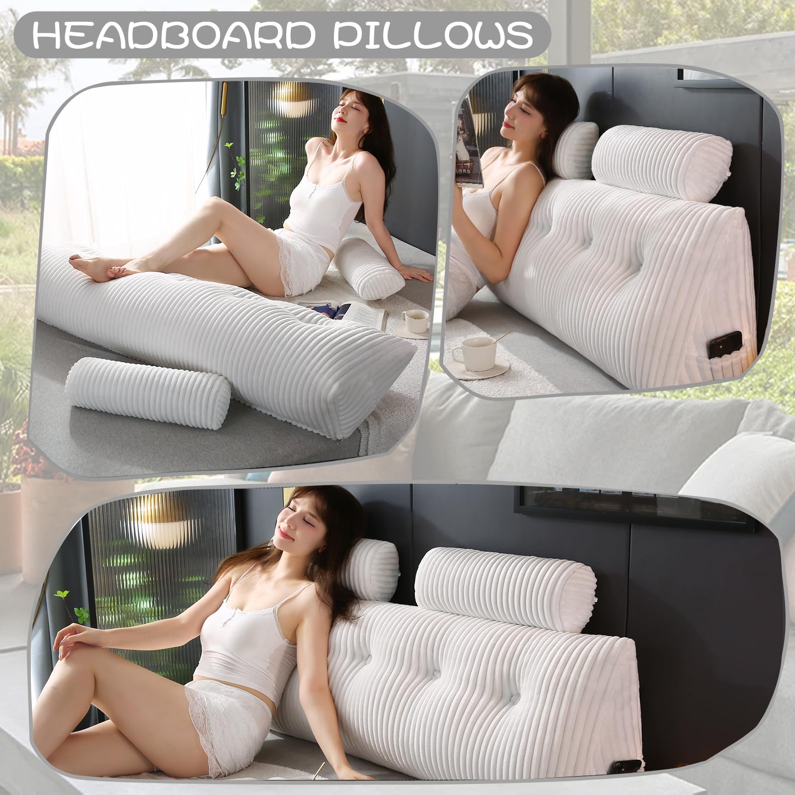 Poduszka klinowa do zagłówka z 2 poduszkami wałkami na szyję Duża poduszka klinowa do zagłówka Poduszka do czytania Miękka i wspierająca z zdejmowanym pokrowcem