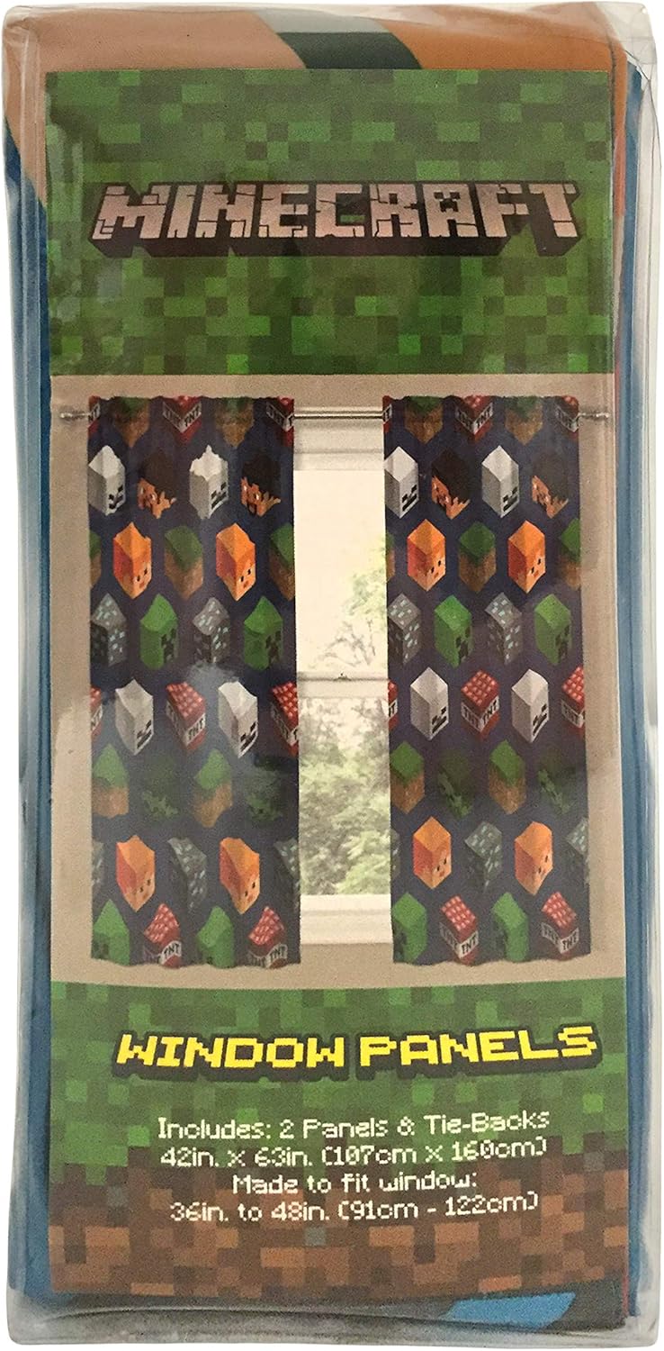 Jay franco Minecraft Isometric Blue 63 in Drapes 4 Piece Set - Beautiful Room Decor&Easy Set Up, Bedding Features Creeper - Window Curtains Include 2 Panels&2 Tiebacks (Official Minecraft Product)