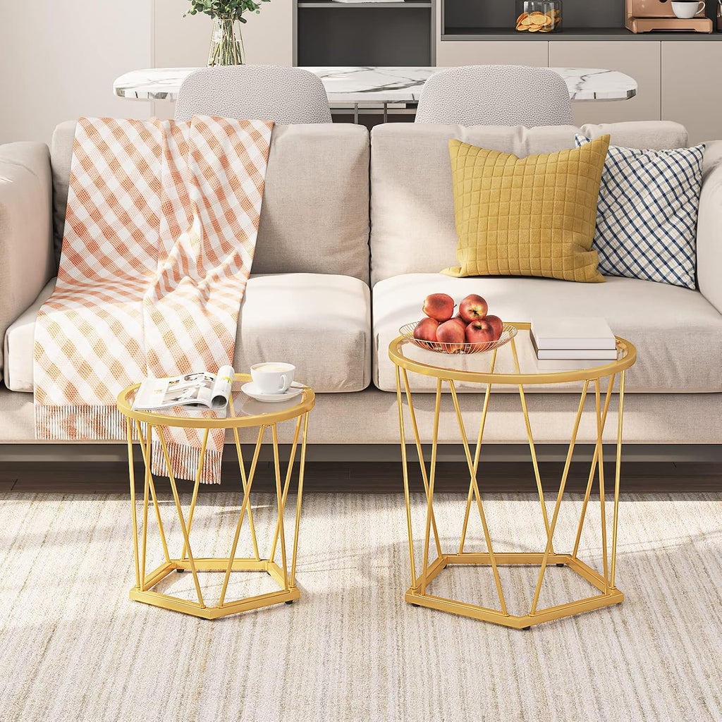 HOOBRO Small Coffee Table Set of 2, Round Coffee End Table with Metal Frame, Glass Top, Gold Side Table for Living Room, Bedroom and Balcony, Modern Style, Gold GD79BZ01