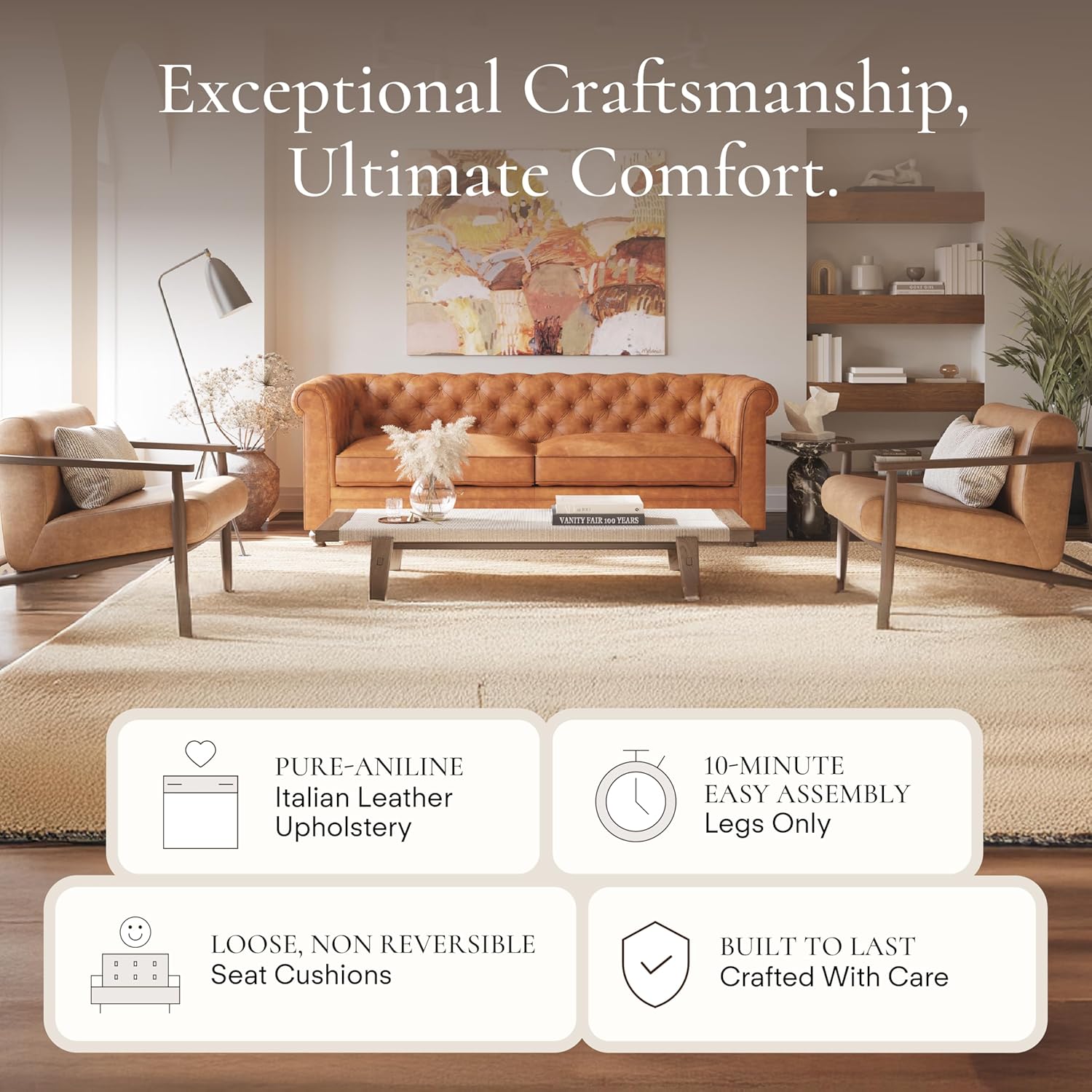 Poly & Bark Lyon Leather Couch - 87.4 Inch Sofa - Full-Grain Leather Sofa for Living Room with Feather-Down Topper - Living Room Couch - Vintage Italian Leather in Cognac Tan