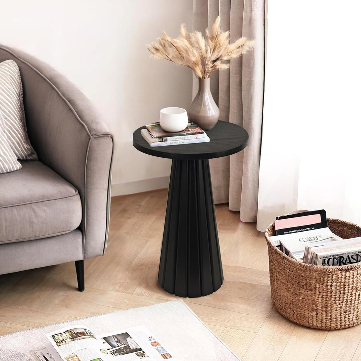 Small Pedestal Side Table, Round Modern Drink Table for Small Space Living Room, Bedroom (Black)