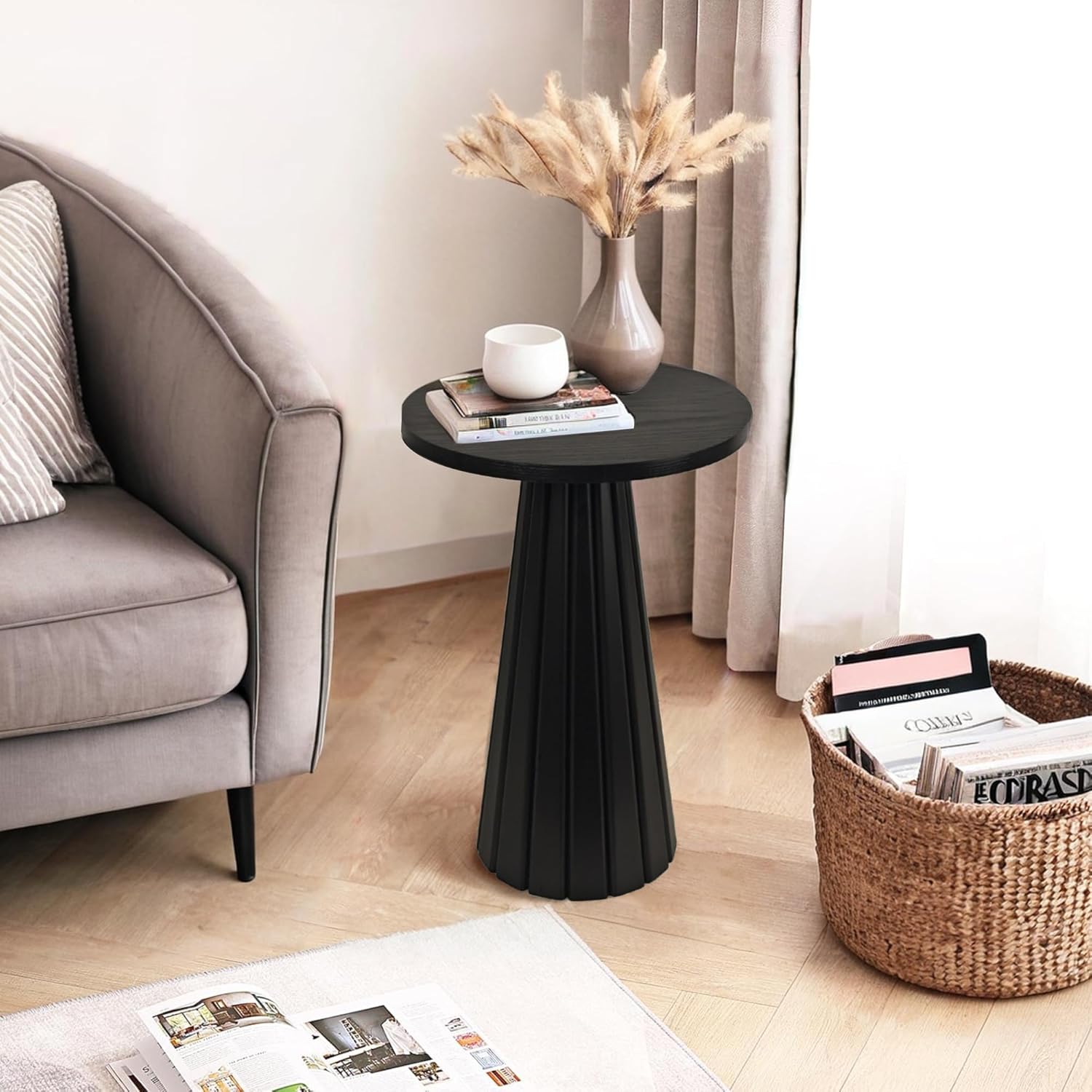 Small Pedestal Side Table, Round Modern Drink Table for Small Space Living Room, Bedroom (Black)