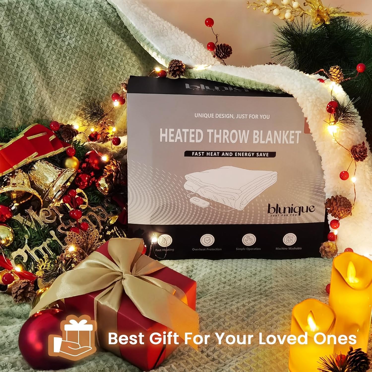 Heated Blanket Electric Throw Waffle, 50x60 Inches Sherpa Fleece Fast Heating Blanket 6 Heating Levels & 4 Hours Auto Off ETL Certification, Sage Green Throw