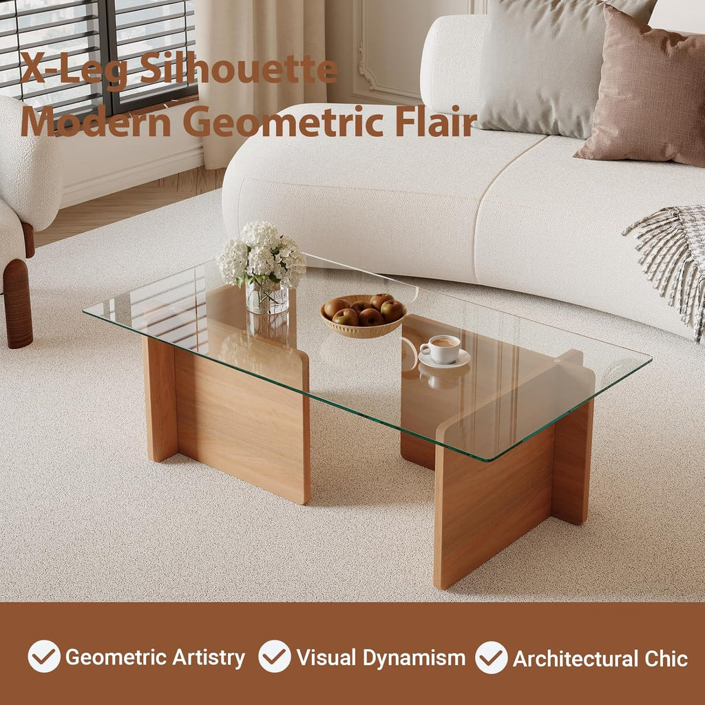 Modern Glass Coffee Table, Artistic Rectangular Coffee Table with Tempered Glass Top and Geometric Wooden Base, Designer Minimalist Center Table for Living Room, Small Space, Apartment, Office