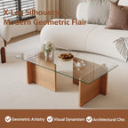 Modern Glass Coffee Table, Artistic Rectangular Coffee Table with Tempered Glass Top and Geometric Wooden Base, Designer Minimalist Center Table for Living Room, Small Space, Apartment, Office