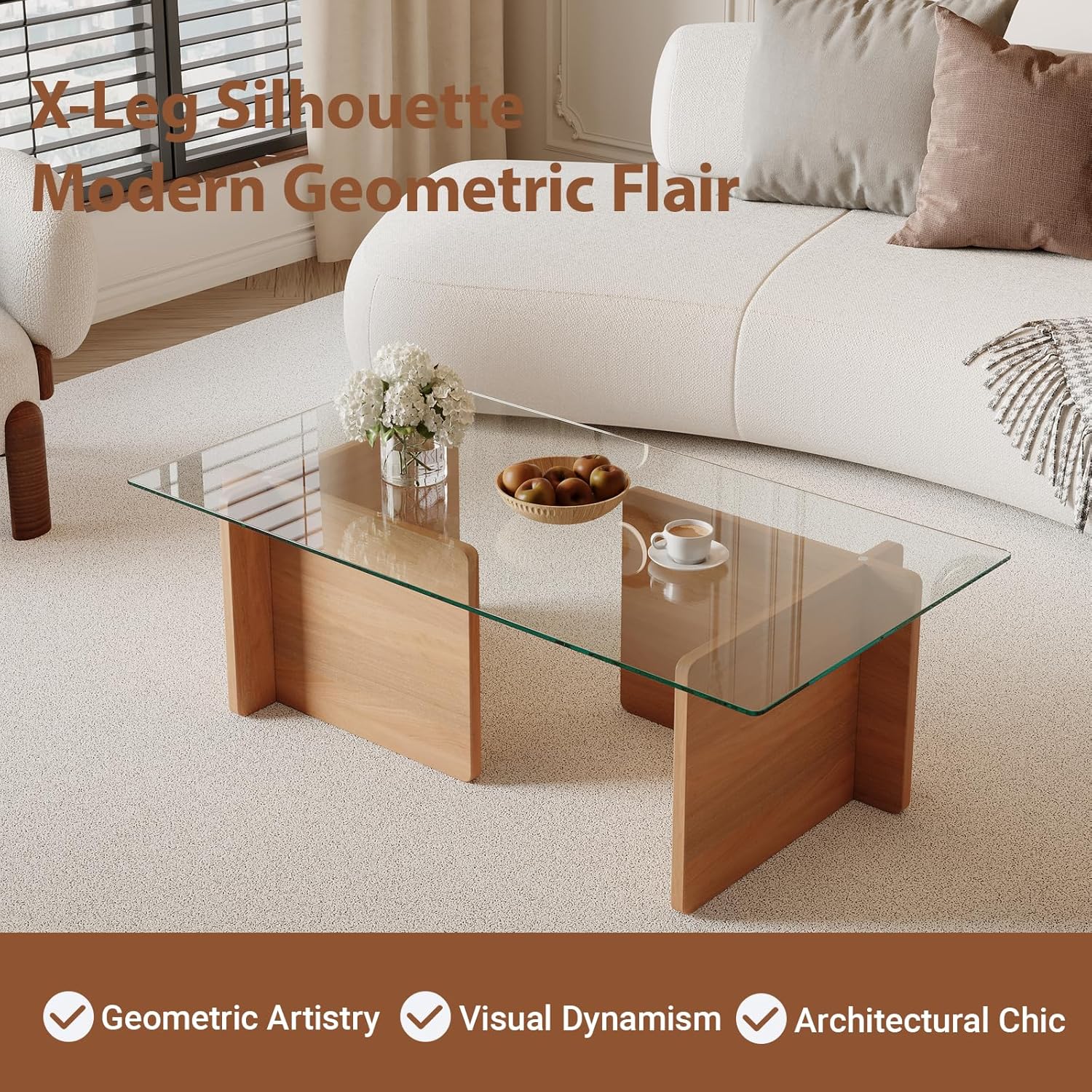 Modern Glass Coffee Table, Artistic Rectangular Coffee Table with Tempered Glass Top and Geometric Wooden Base, Designer Minimalist Center Table for Living Room, Small Space, Apartment, Office