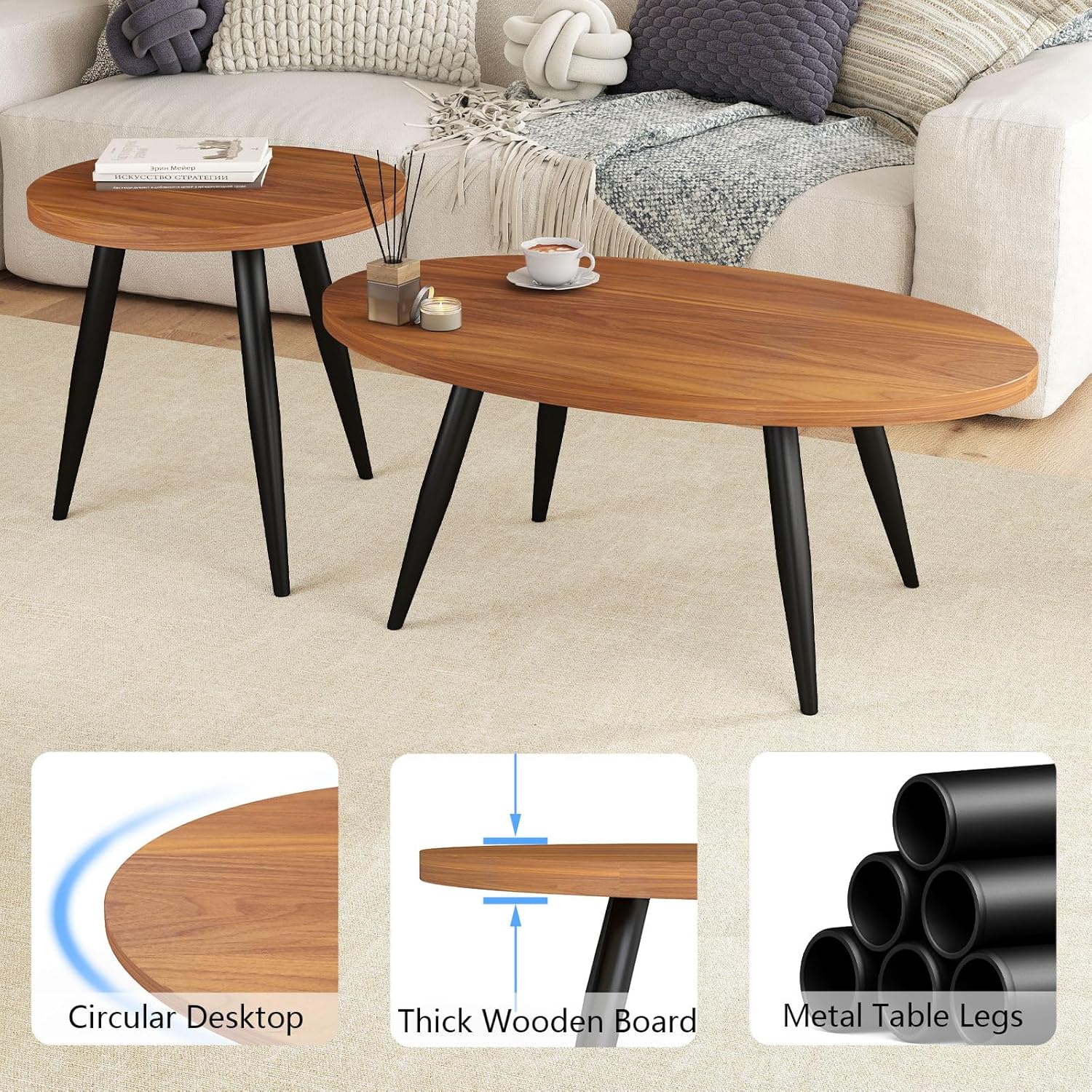 Coffee Table Set of 2, Accent Nesting Side Table, Sofa End Table for Farmhouse and Living Room (Brown)