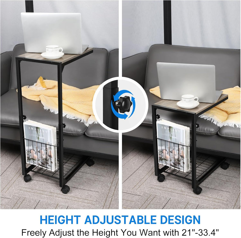BTY C Shaped Side Table Adjustable Height End Table for Small Spaces C Table with Wheels Couch Table with Storage Laptop Side Table for Sofa Living Room Bedroom (Grey)