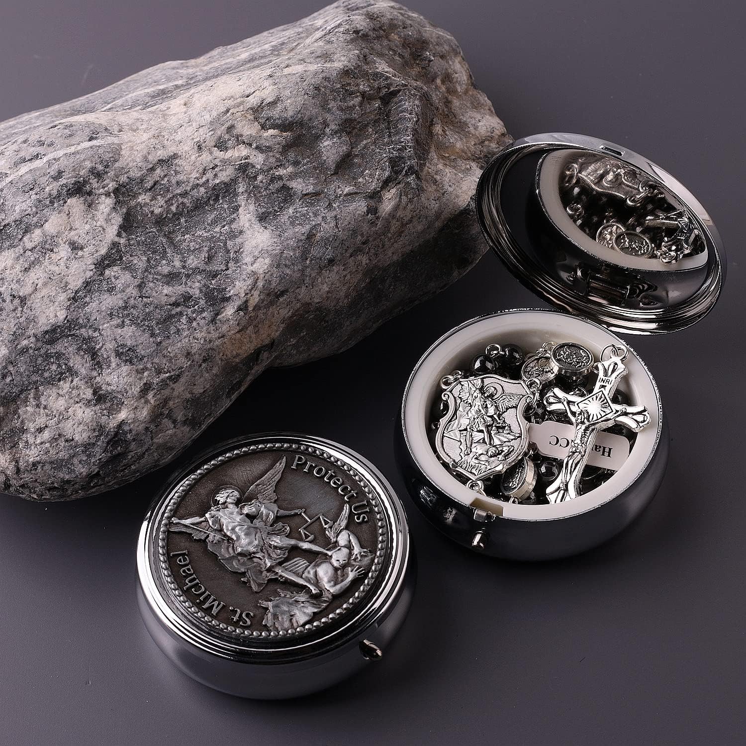 HanlinCC Saint Michael the Archangel Hematite Black Stone Beads Rosary Necklace with Metal Gift Box for Men