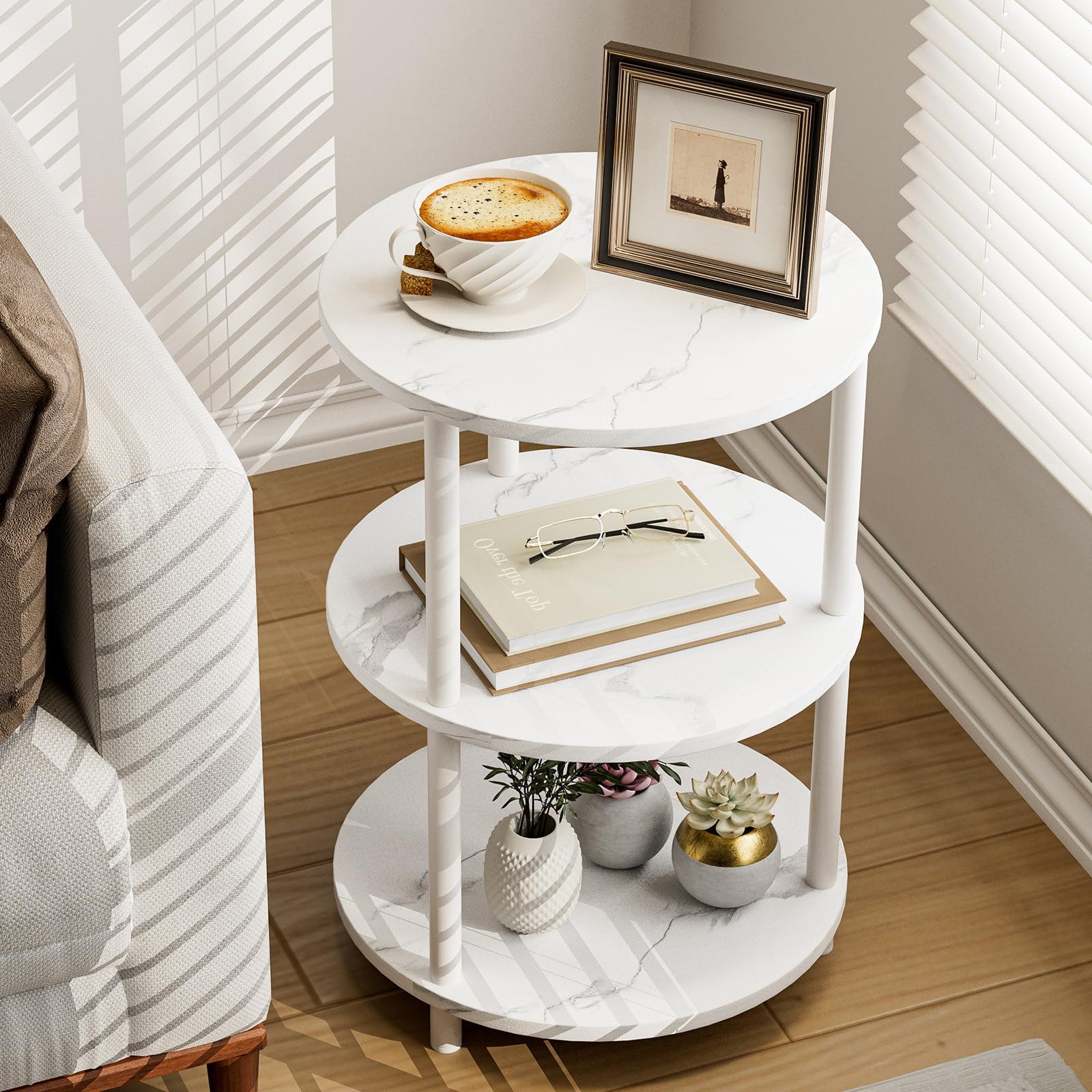 Small Round End Table - 3 Tier Design Accent Table, Narrow Side or Bedside Stand, Industrial Vintage Nightstand for Bedroom, Living Room, or Small Spaces, Rustic Brown