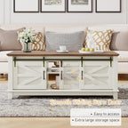 Farmhouse Table Set of 3, Coffee Table with Sliding Barn Doors, End Tables Set of 2 with Charging Station for Living Room & Bedroom, Sliding Barn Doors, 2 Tiers Storage Drawer, Antique White