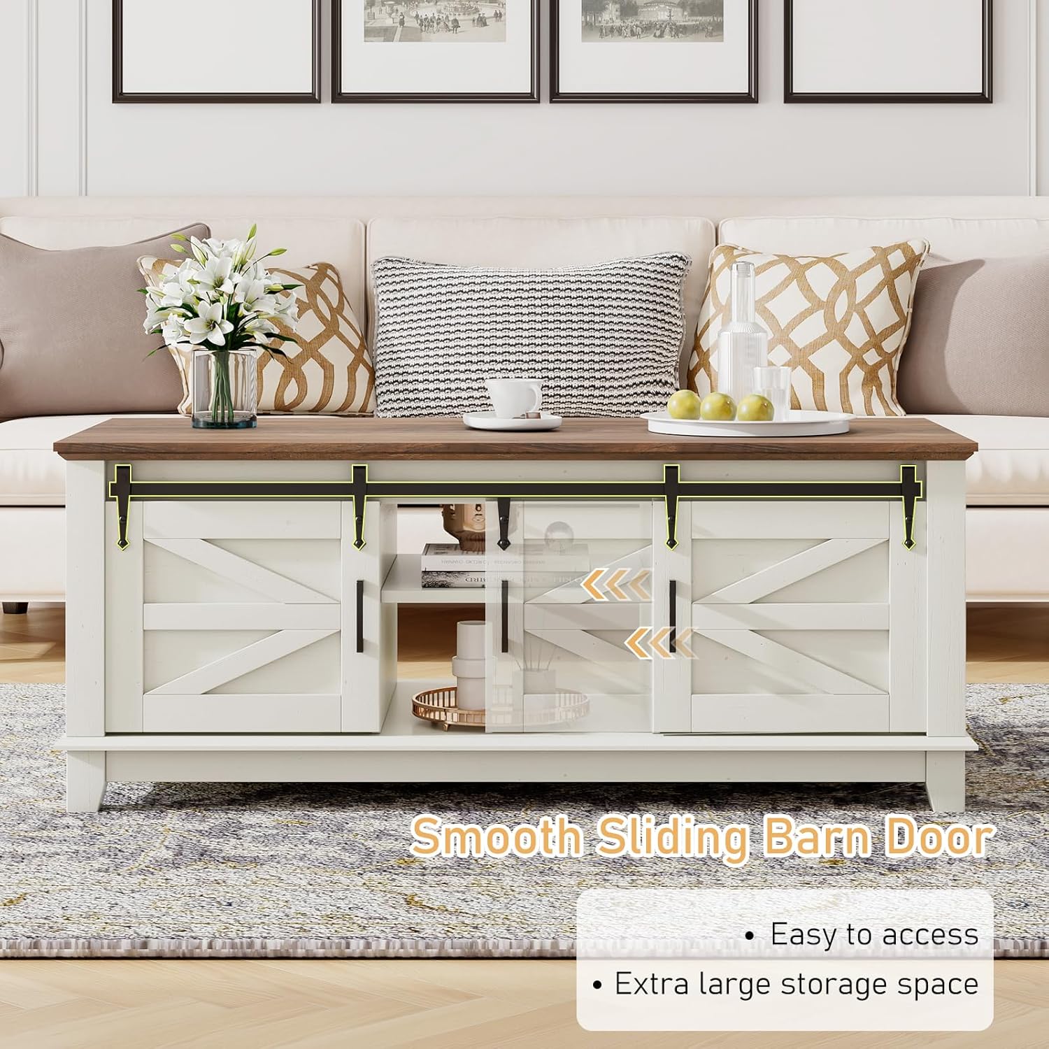Farmhouse Table Set of 3, Coffee Table with Sliding Barn Doors, End Tables Set of 2 with Charging Station for Living Room & Bedroom, Sliding Barn Doors, 2 Tiers Storage Drawer, Antique White