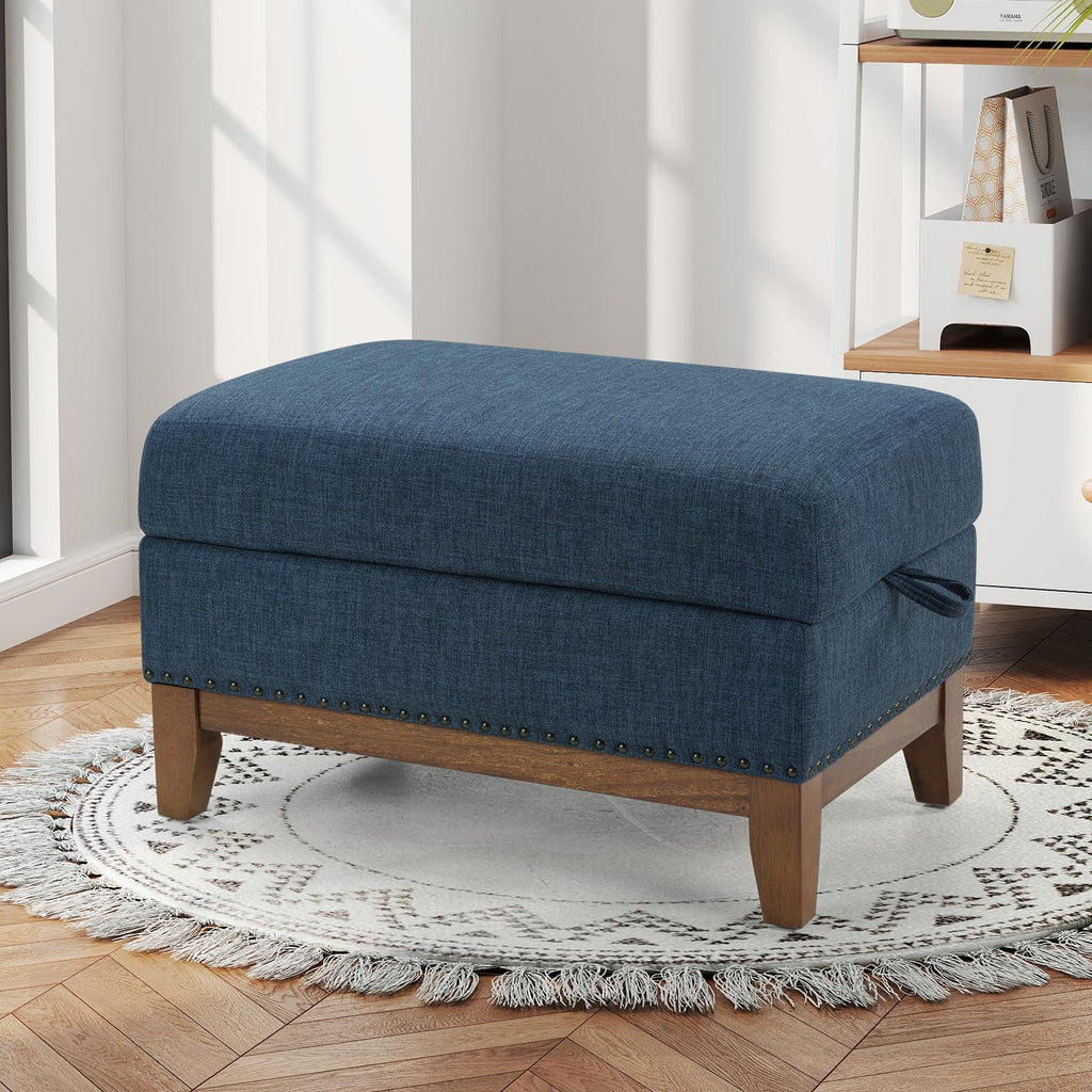 4-Piece Living Room Sofa Set with Coffee Table, Vintage Rivet Couch Sets with Solid Wood Legs, Chenille Sofas Furniture of Ottoman with Storage Space, Armchair, Loveseat and 3-Seat Sofa