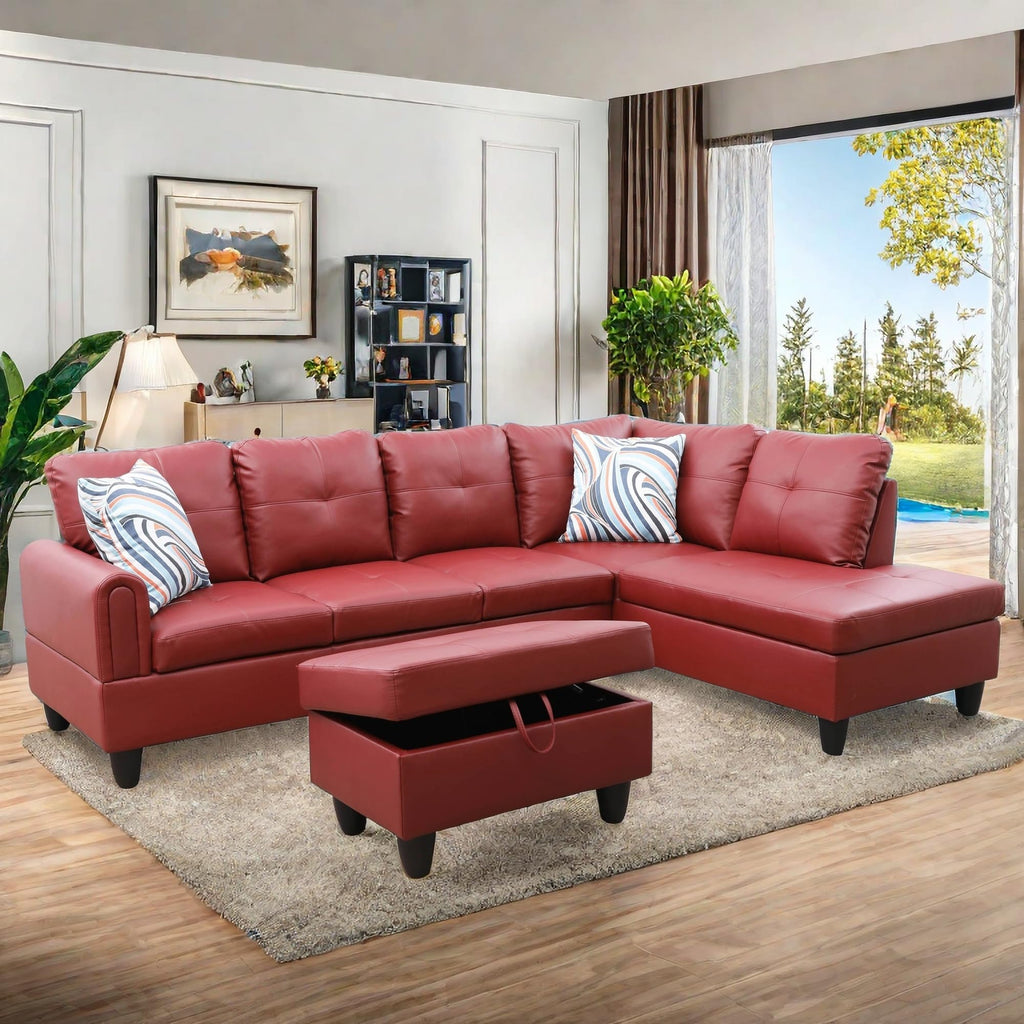 Leather Sectional Couch, Modern L Shaped Couches for Living Room, Comfy 4 Seat Modular Sectional Sofa with Ottoman Storage for Bedroom Apartment, Black