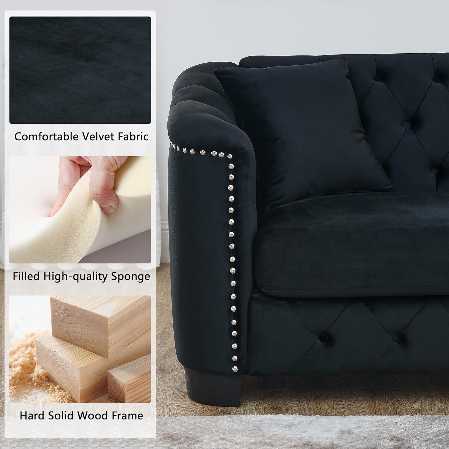mikibama Modern Chesterfield Velvet Sofa, 77 Inch Sectional Sofa, Luxury 3 Seater Upholstered Tufted Couch with Nailhead Arms and 2 Pillows for Living Room, Bedroom, Apartment(Black)