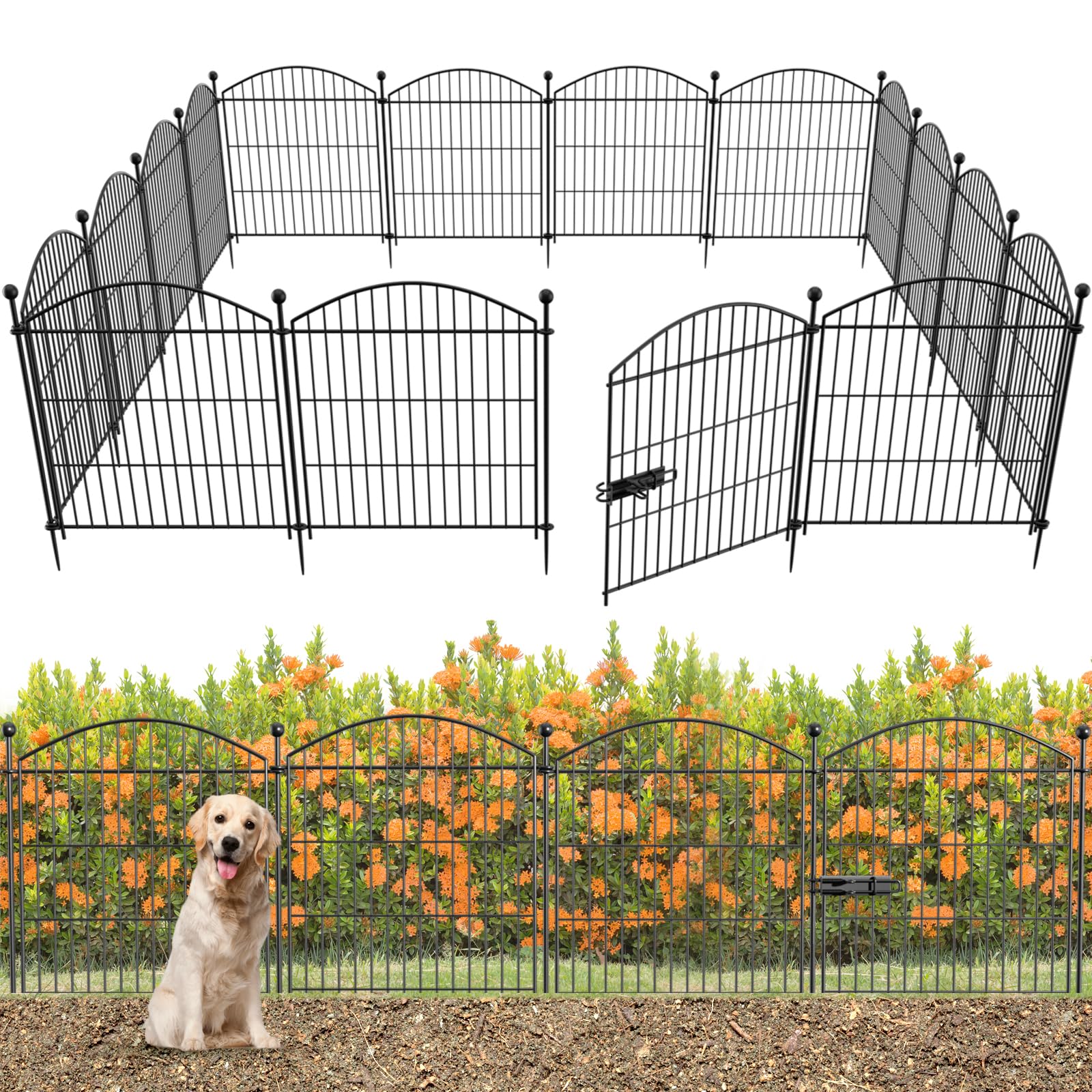 Decorative Garden Fence Animal Barrier with Gate 40 in(H)×27.6 Ft(L) 12 Panels, Dog Rabbit Fencing Arched Rustproof Metal No Dig Pet Outdoor Garden Fence for Yard, Patio, Flower Bed