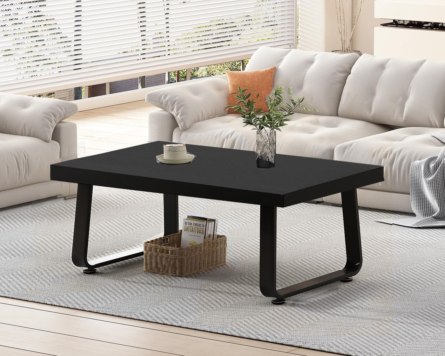 HSH Black Modern Coffee Table, Rustic Wood and Metal Center Table, Farmhouse Simple Living Room Coffee Tables, Industrial Minimalist Wooden Tea Coffee Table for Bedroom Home Office, Black Oak, 39 in