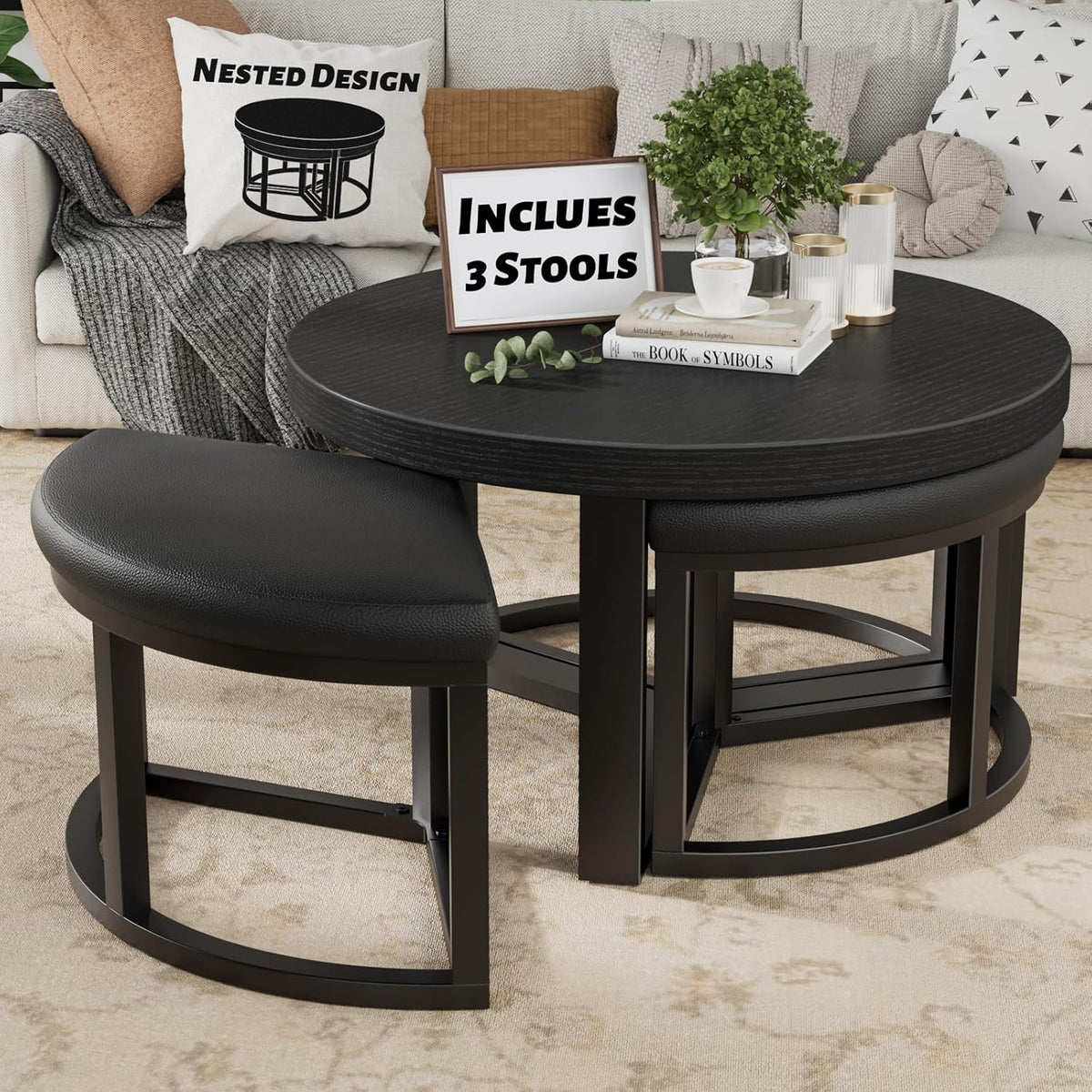 Round Coffee Table with Stools Underneath - 30 Inch Small Modern Tables Set with 3 Chairs Ottomans Seating Seats Black Wood