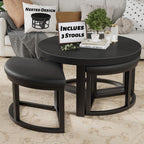 Round Coffee Table with Stools Underneath - 30 Inch Small Modern Tables Set with 3 Chairs Ottomans Seating Seats Black Wood