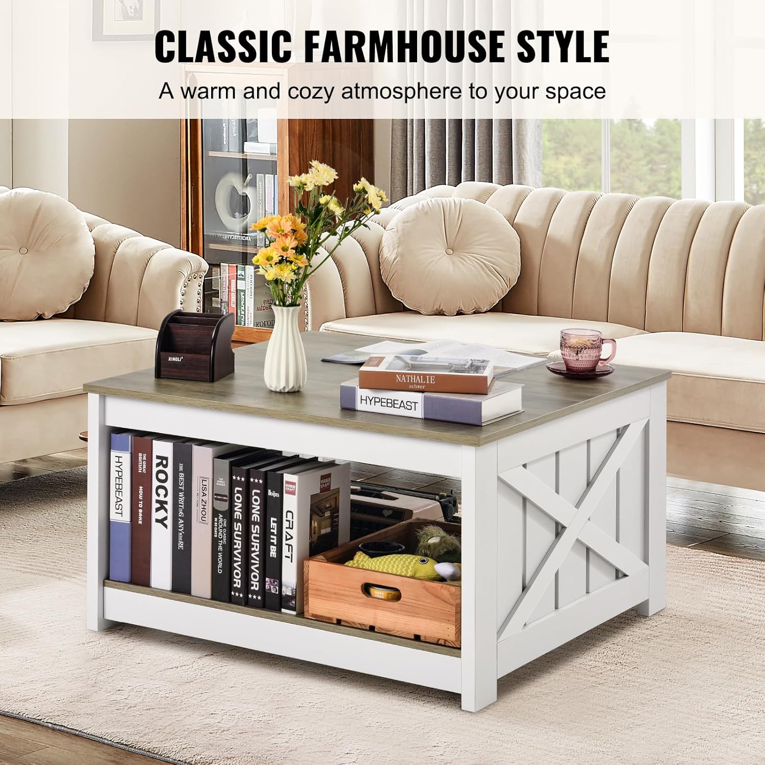 VEVOR 31.5" Farmhouse Coffee Table, Square Coffee Table with Open Storage Compartment, Wooden Rustic Cocktail Table for Living Room, Bedroom, Apartment, Studio, Grey & White