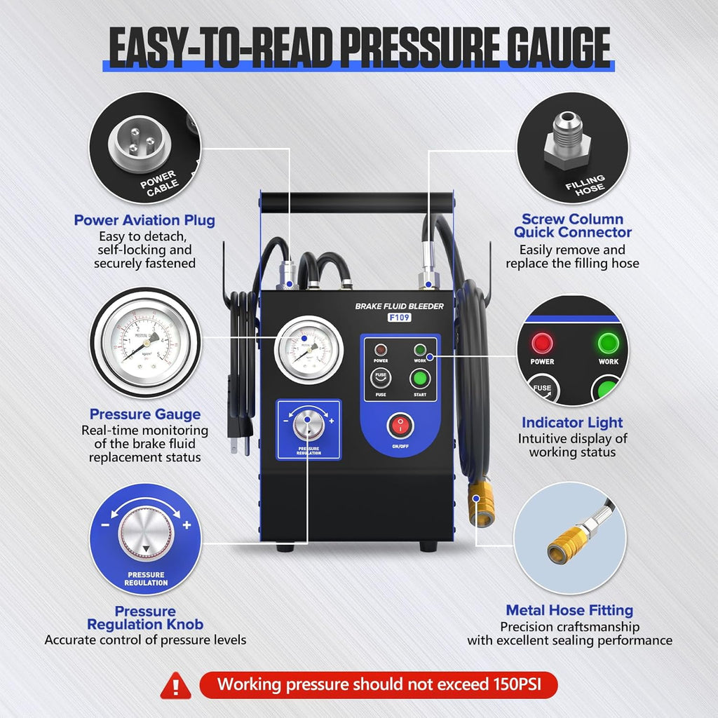 BELEY Brake Bleeder Kit 110V Brake Fluid Bleeder Machine Kit Adjustable 0.7-2.5 Bar Pressure & Flow Microcontroller System for Single User Includes 52MM Master Cylinder Adapter & Oil Bottle