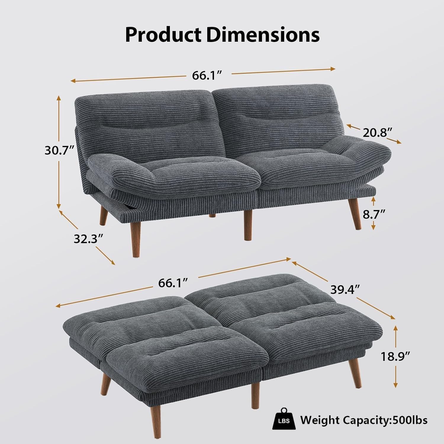 Pipishell Convertible Futon Sofa Bed,66" Corduroy Futon Couch with Adjustable Backrest and Armrests, Recliner Sleeper Sofa for Small Spaces, Play Room or Office, Grey