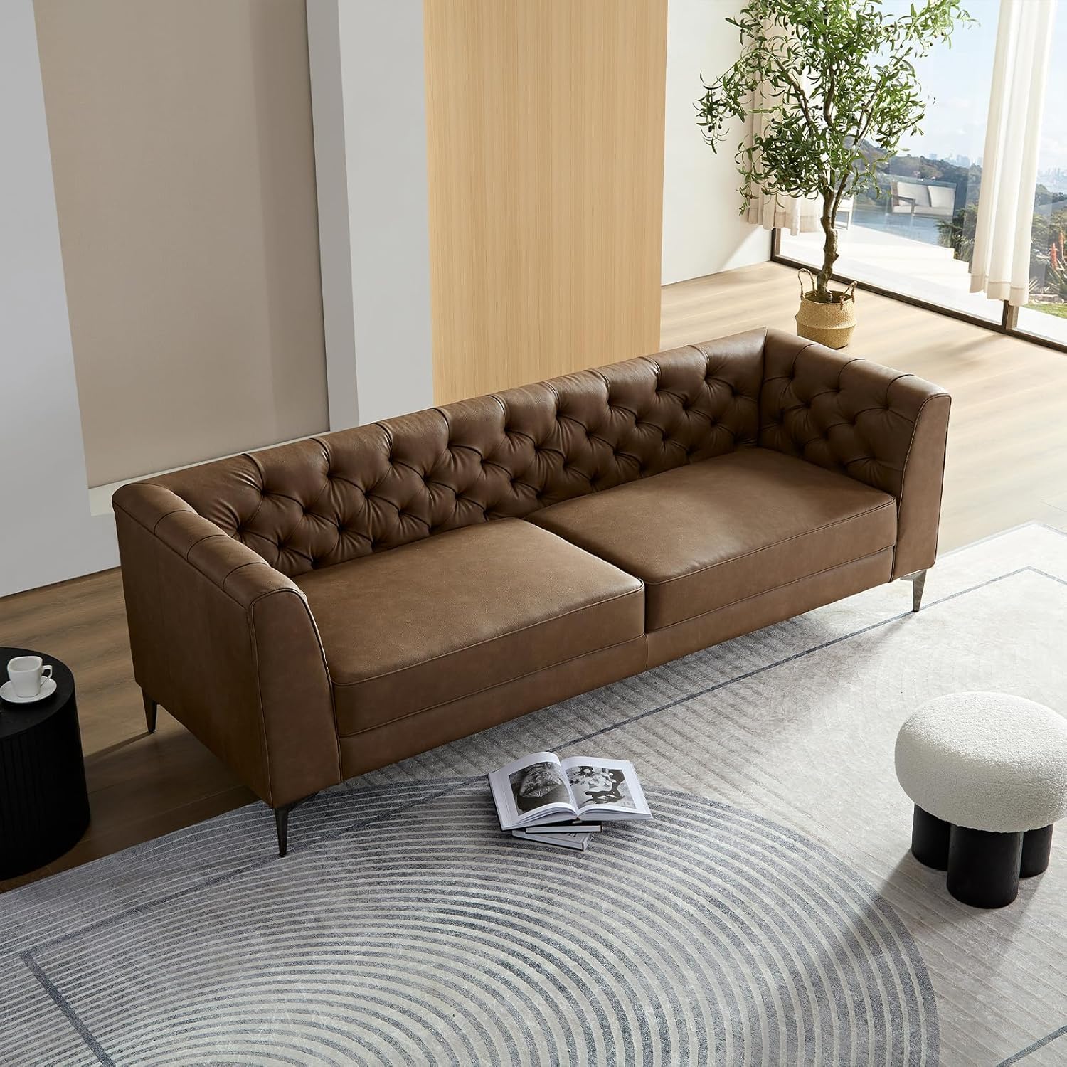 90.5" Mid-Century Modern Sofa Leather Couch, 3-Seater Tuxedo Tufted Couch, Vintage Luxury Chesterfield Sofas with Metal Legs, Modern Upholstered Couches for Living Room, Apartment, Office, Brown