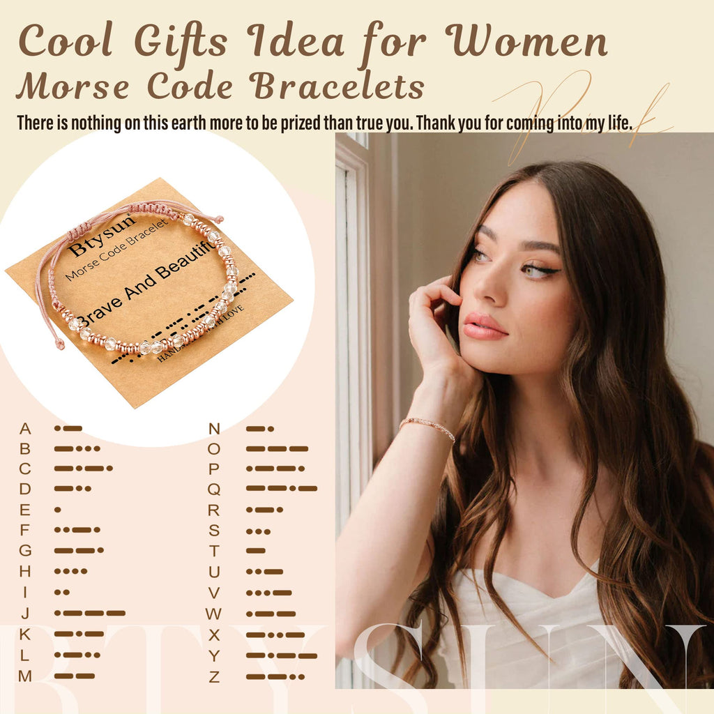 Motivational Gifts for Women Stocking Stuffers for Teen Inspirational Morse Code Bracelets for Her Daughter Sisters Gifts from Sister Adjustable Handmade Braided Link Pink Birthday Christmas Jewelry