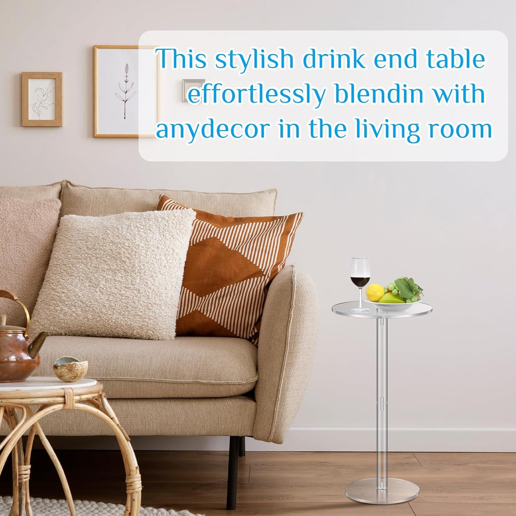 2 Pcs Acrylic Drink Side Tables 10 l x 10 W x 24.2 H Clear Living Room Round Coffee Cocktail Tables for Small Space End for Living Room Balcony Bedroom Easy Assembly