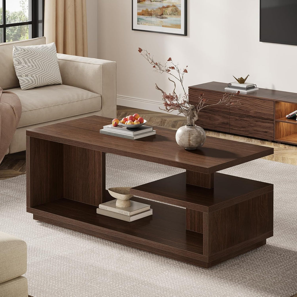Tribesigns 47.24" Coffee Table with Storage Shelf, Mid-Century Modern Center Table, 3-Tier Rectangle Wooden Tea Table with Thick Base for Living Room, Walnut