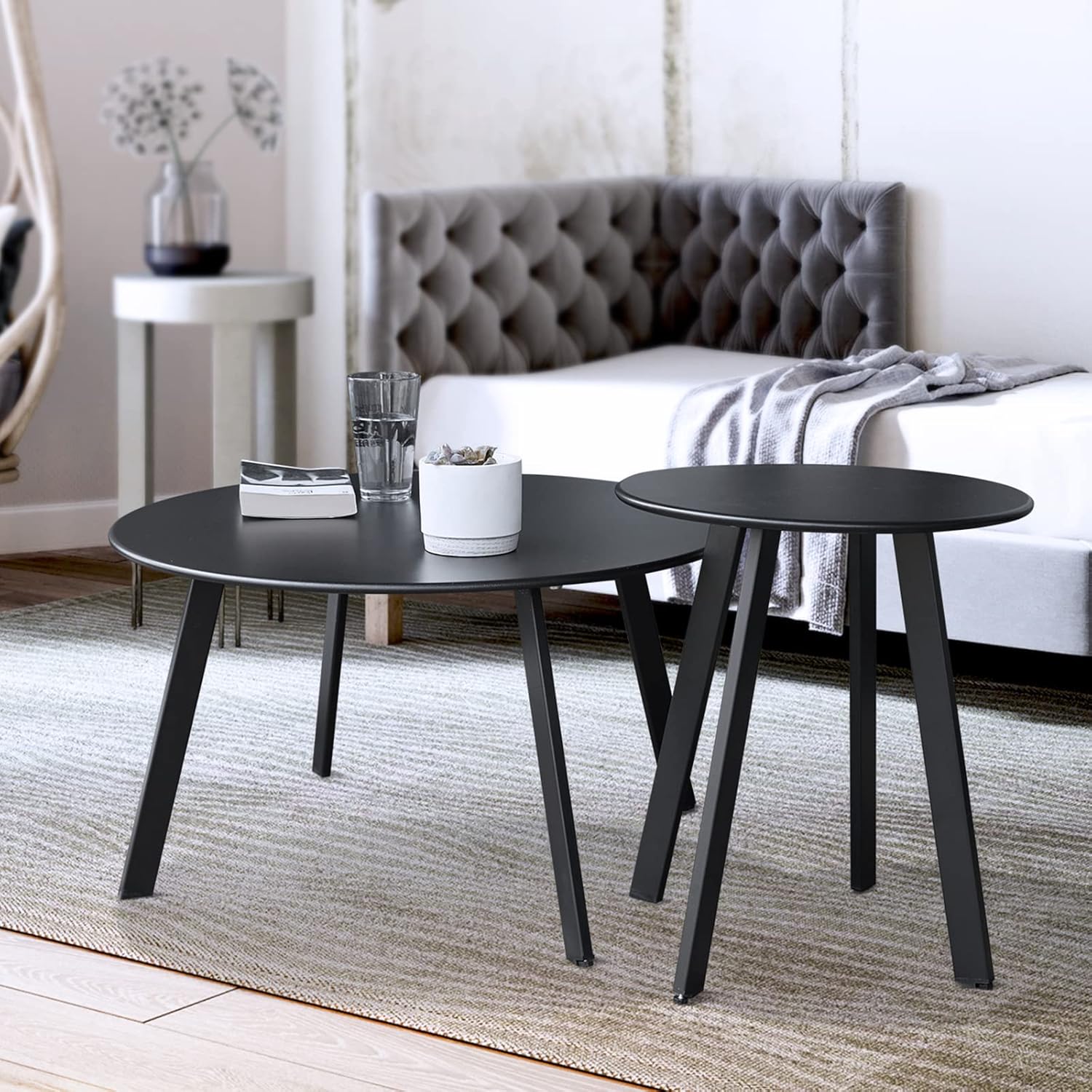 Patio Coffee Table Set of 2, Weather Resistant Outdoor Round End Table, Nesting Tables for Living Room Balcony Office, Black