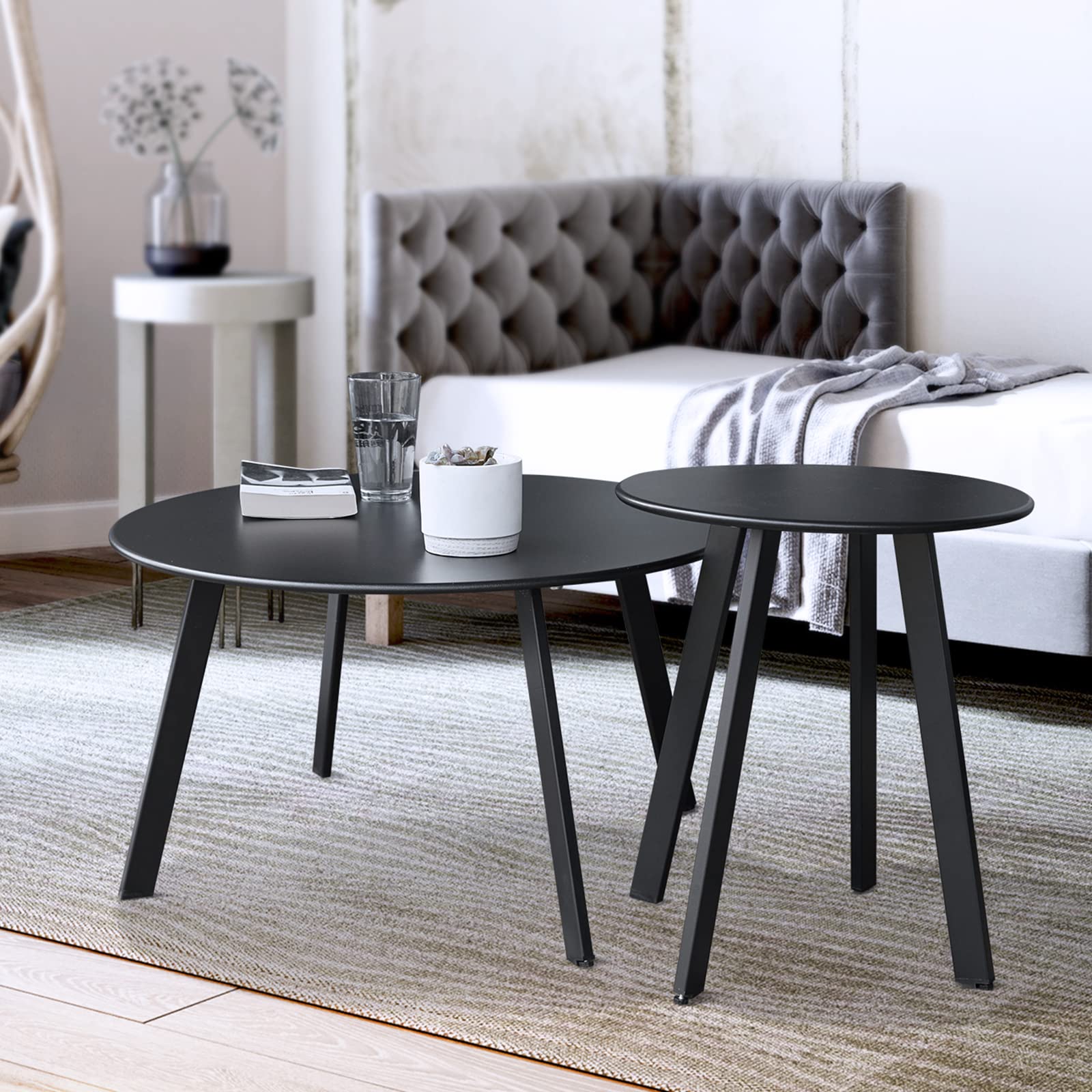 Patio Coffee Table - Metal Steel Outdoor Round Table Weather Resistant Anti-Rust Outdoor Table (Black)