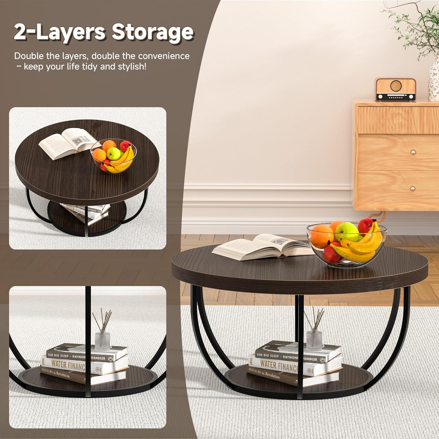Round Coffee Table, 31" Coffee Table for Living Room Decor, 2-Tier Storage with Steel Frame, Space-Saving Wood Center Table, Modern Style Easy Assembly (Dark Coffee)