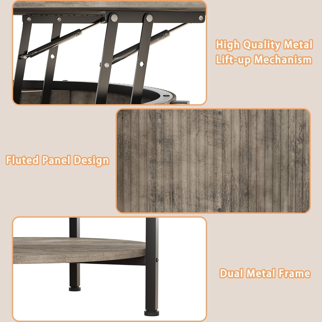 Small Round Coffee Table with Fluted Panel, Lift Top Coffee Table with Hidden Compartment and Open Shelf, Modern Lift Tabletop Dining Central Table for Living Room, Home Office, Grey