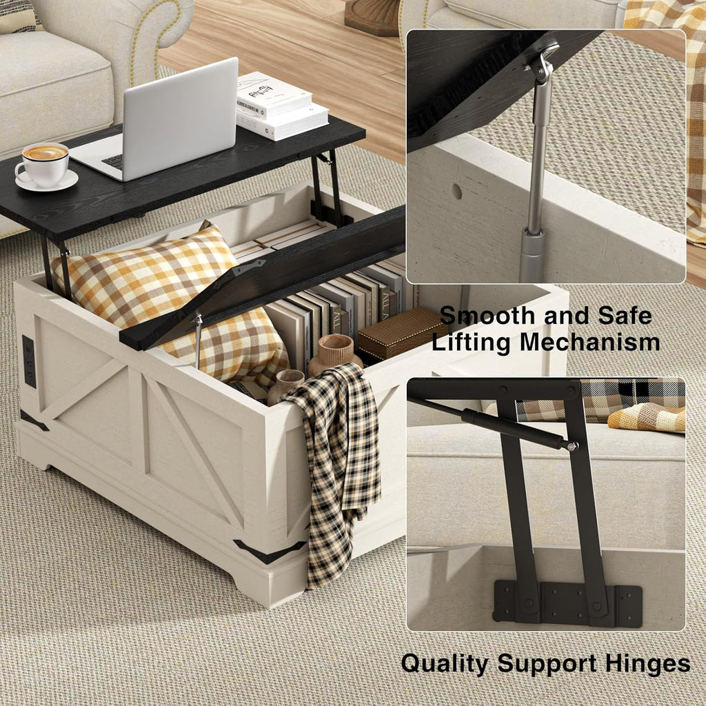 Coffee Table with Storage, 31.5" W Farmhouse Lift Top Wood Square Center Table with Charging Station, Rustic Cocktail Tables with Flip Top Lids for Living Room, Home Office, Rustic White