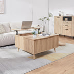 Square Coffee Table for Living Room, 35” Lift Top Coffee Table with Storage, Fluted Coffee Tables with Lifting Top, Mid Century Modern Center Tea Table for Home Office, Studio, Natural Oak